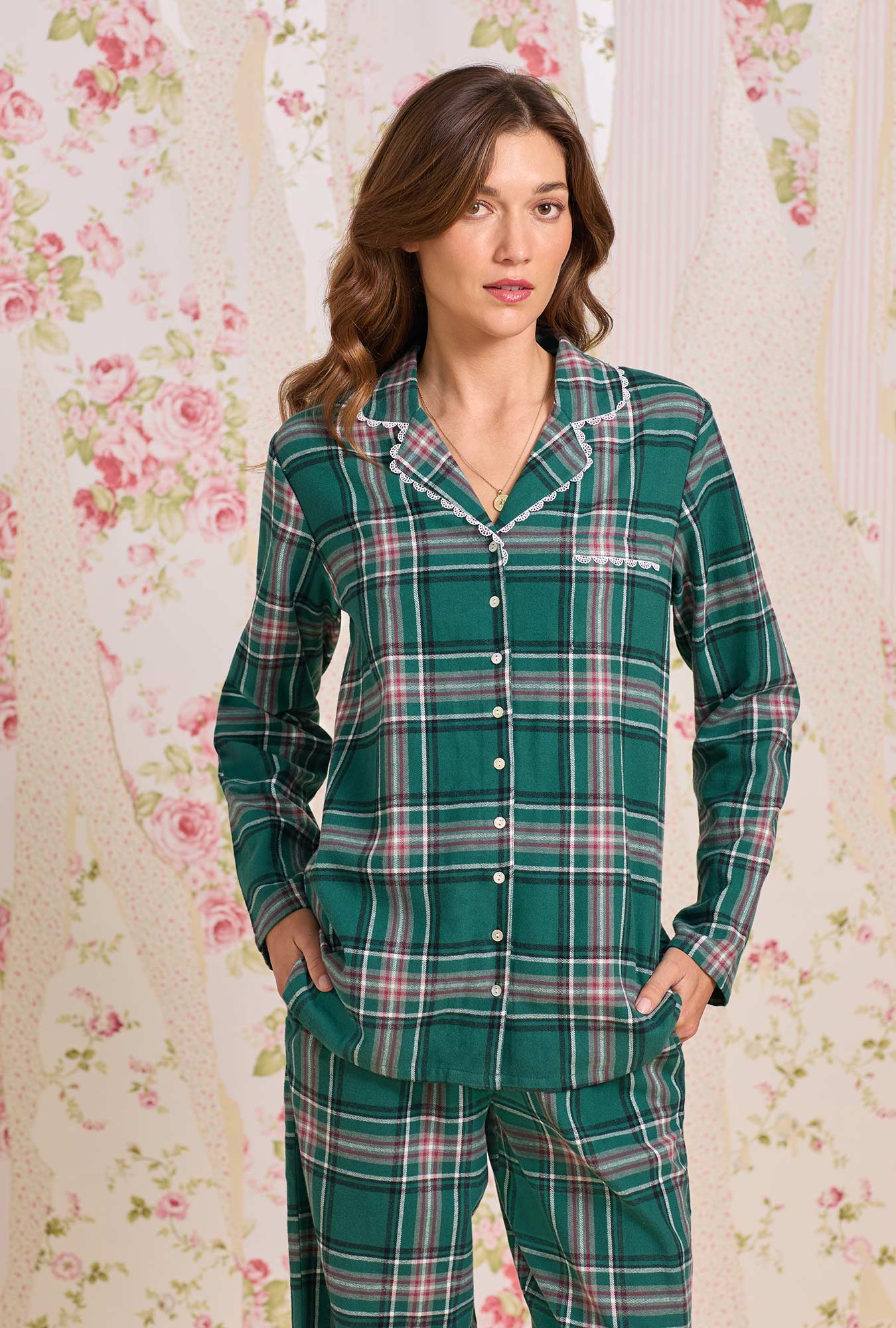 Eileen West Evergreen Plaid Cotton Flannel Notch Collar Pajama