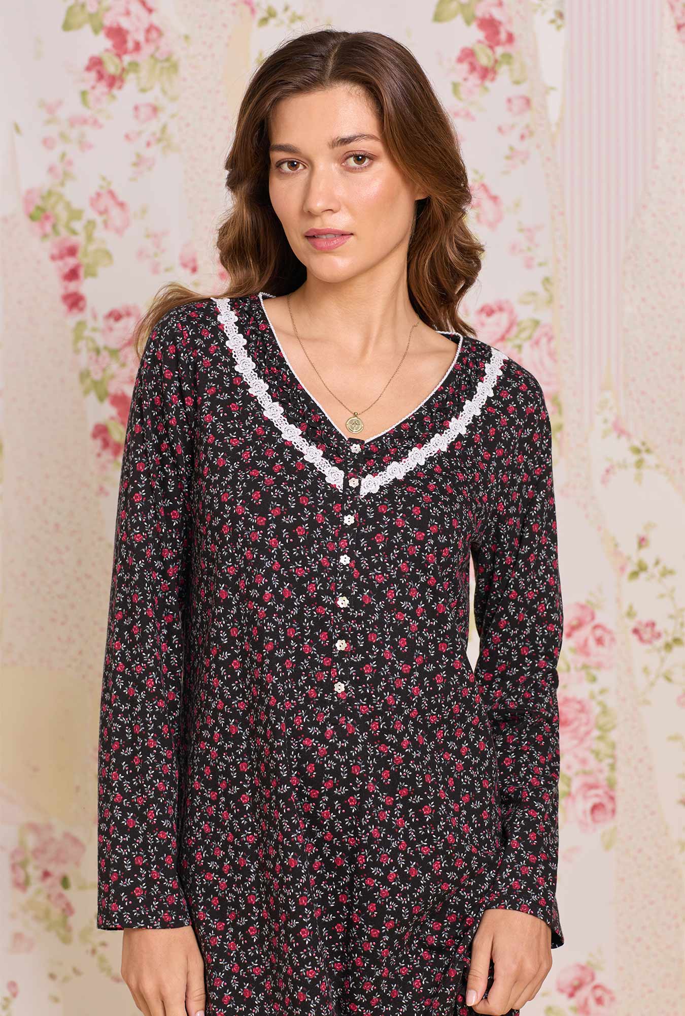 Eileen West Bordeaux Bloom Cotton Knit Long Sleeve Nightshirt