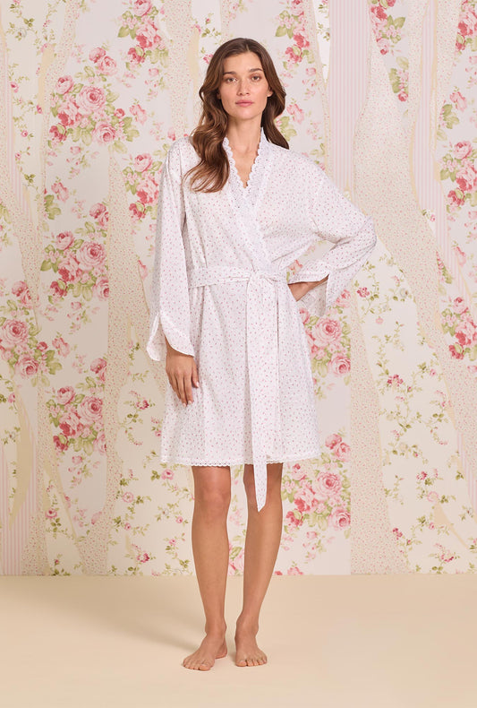 Eileen West Rosebud Sprig Cotton Swiss Dot Short Wrap Robe