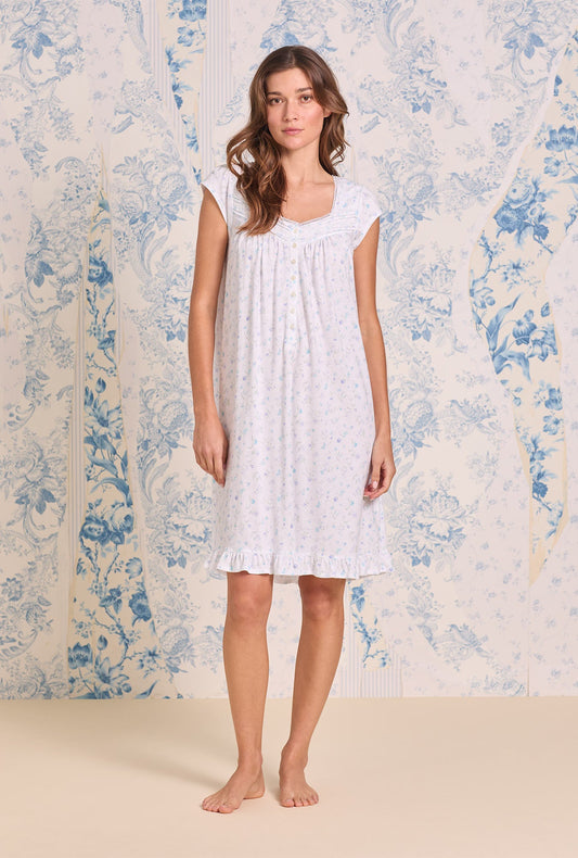 Eileen West White Meadow Cotton Knit Cap Sleeve Waltz Nightgown