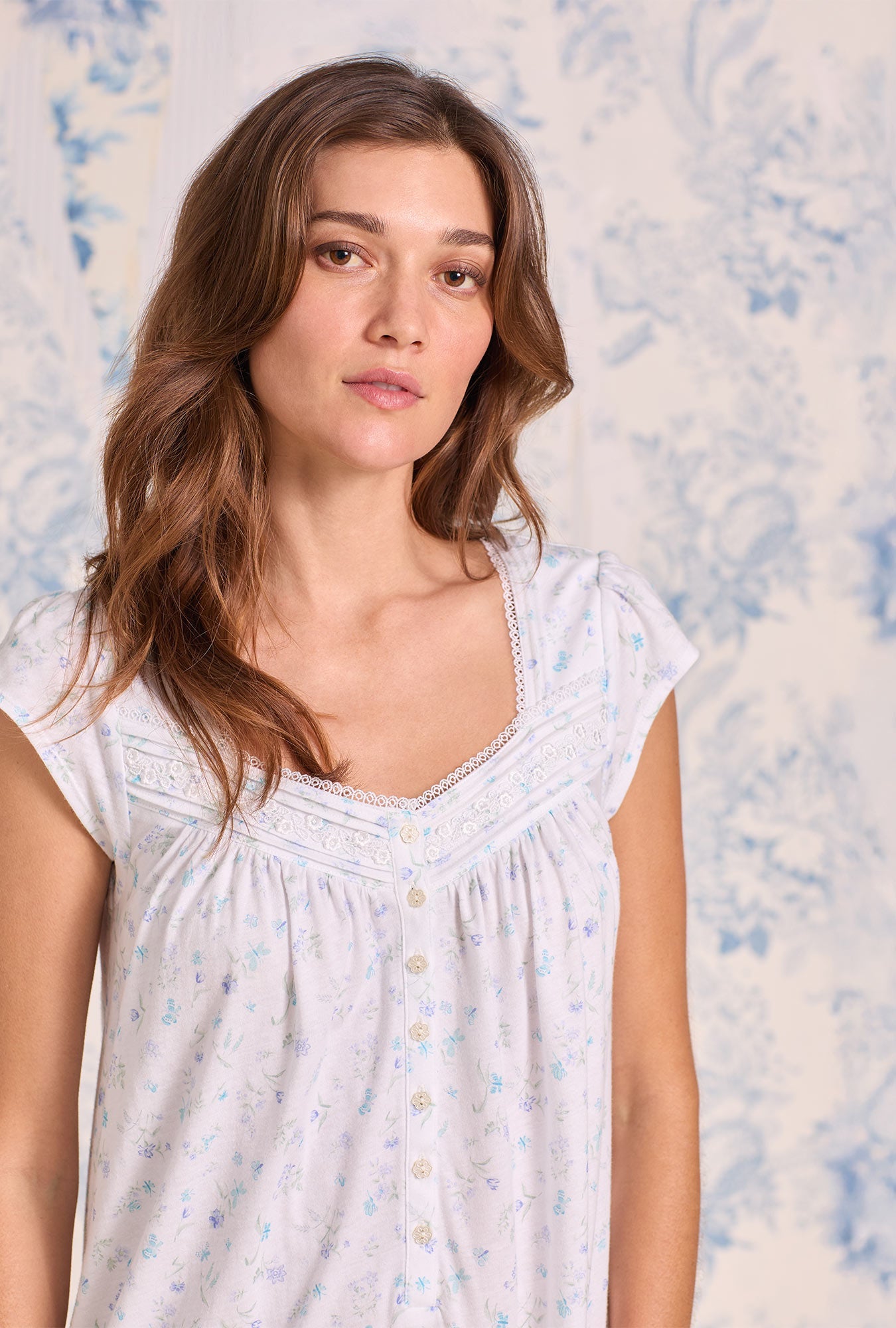Eileen West White Meadow Cotton Knit Cap Sleeve Waltz Nightgown
