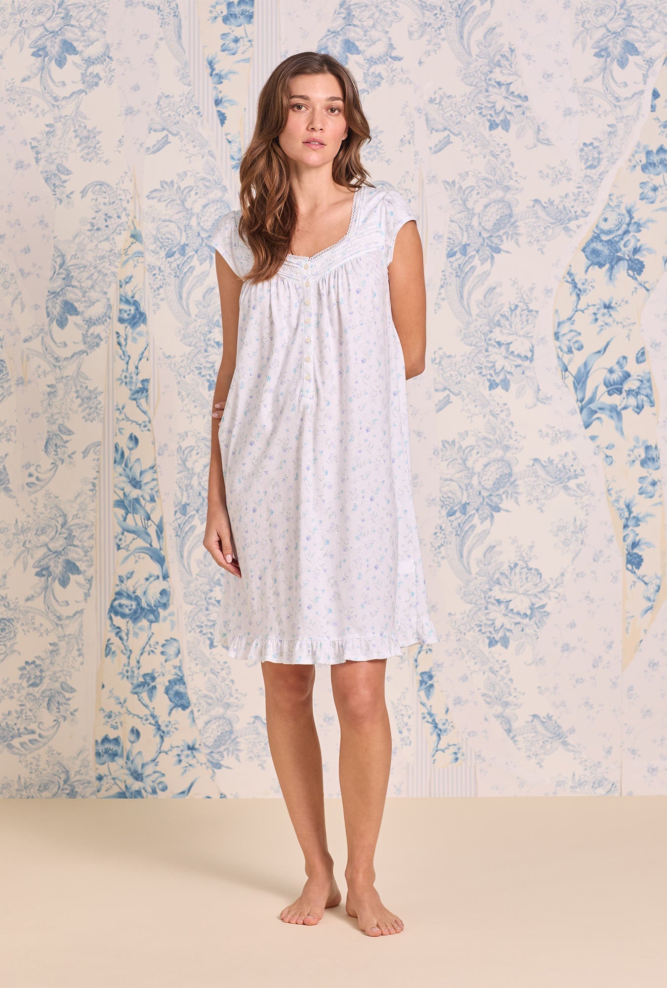 Eileen West White Meadow Cotton Knit Cap Sleeve Waltz Nightgown
