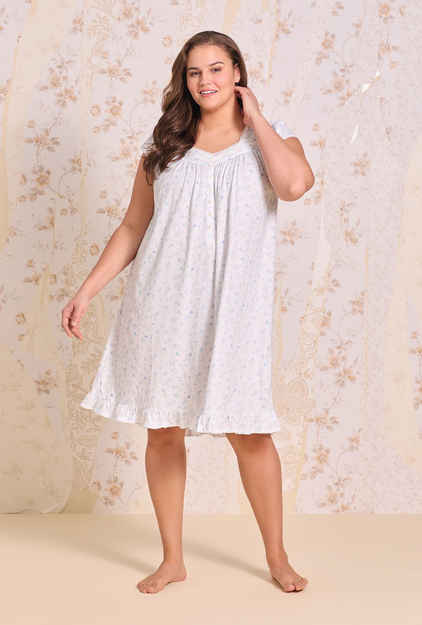 Eileen West White Meadow Cotton Knit Cap Sleeve Waltz Nightgown
