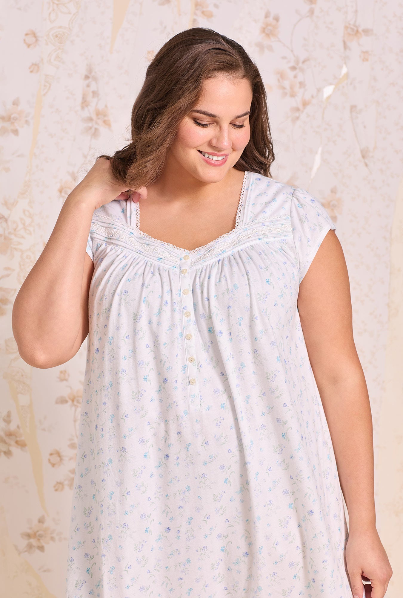 Eileen West White Meadow Cotton Knit Cap Sleeve Waltz Nightgown