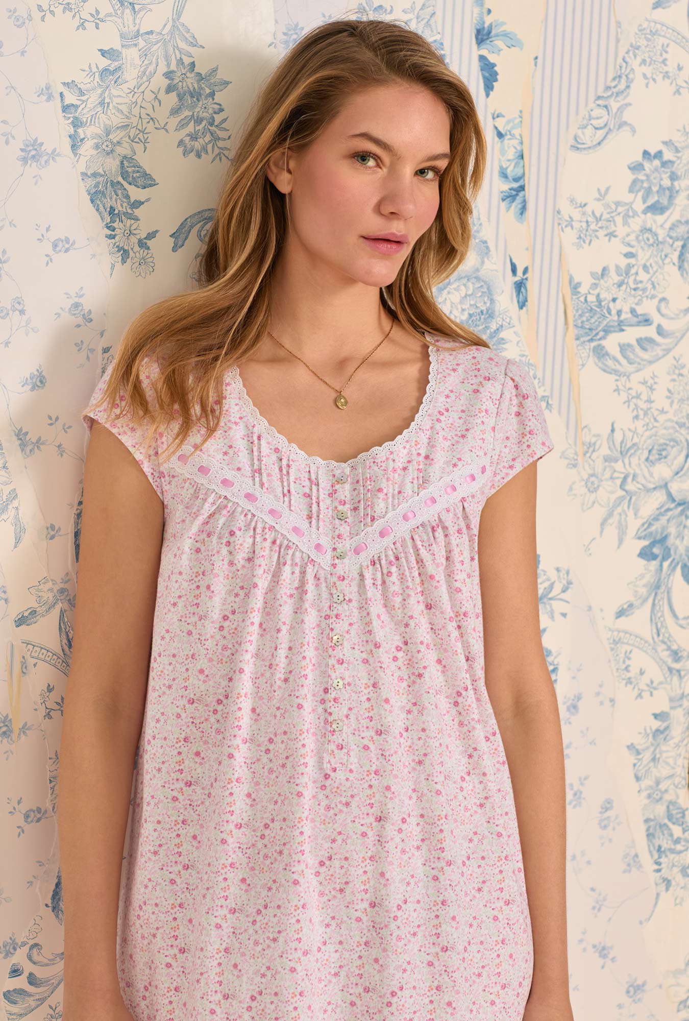 Eileen West Pink Ditsy Cotton Knit Cap Sleeve Chemise