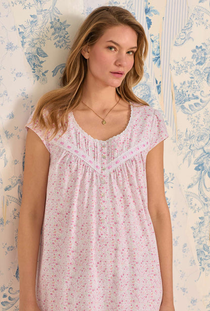 Eileen West Pink Ditsy Cotton Knit Cap Sleeve Chemise