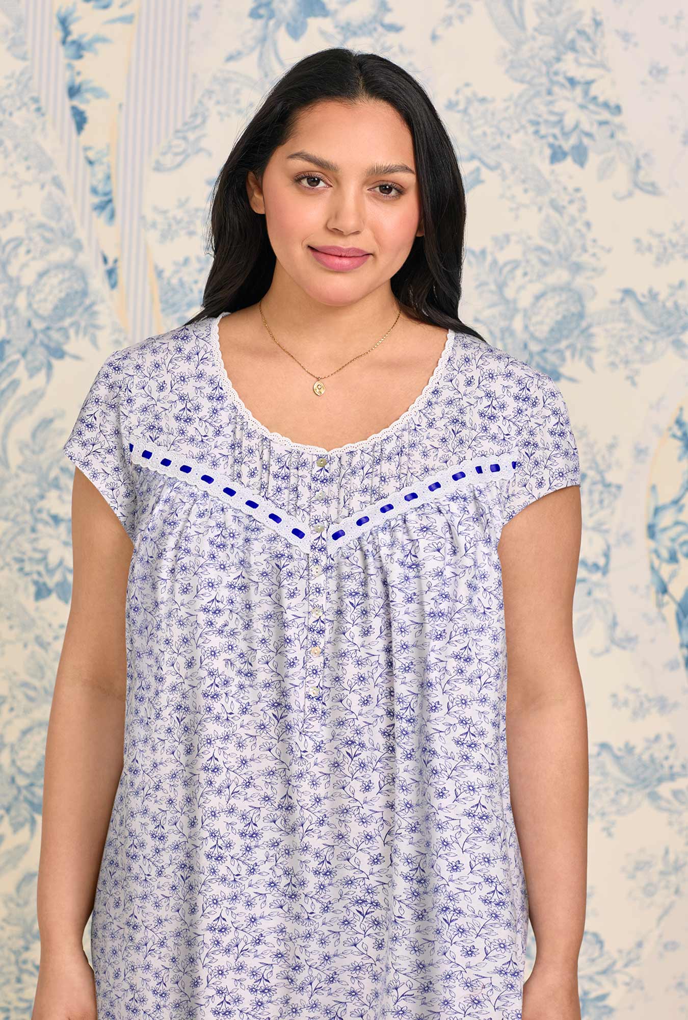 Eileen West Navy Vine Cotton Knit Cap Sleeve Chemise