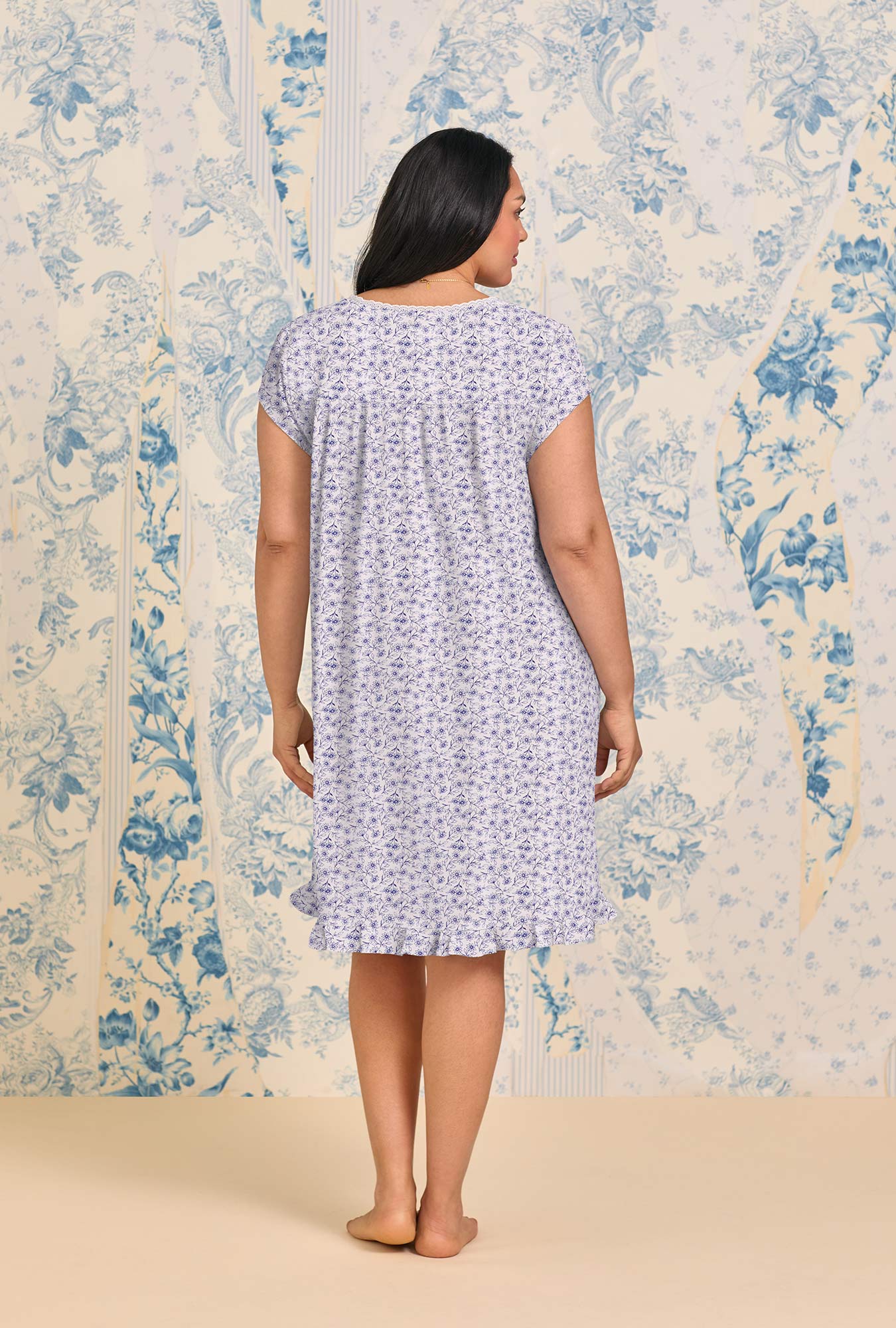 Eileen West Navy Vine Cotton Knit Cap Sleeve Chemise
