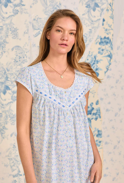 Eileen West Blue Ditsy Cotton Knit Cap Sleeve Chemise