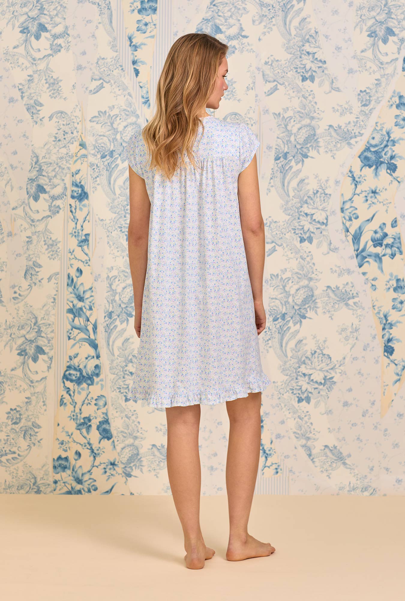 Eileen West Blue Ditsy Cotton Knit Cap Sleeve Chemise