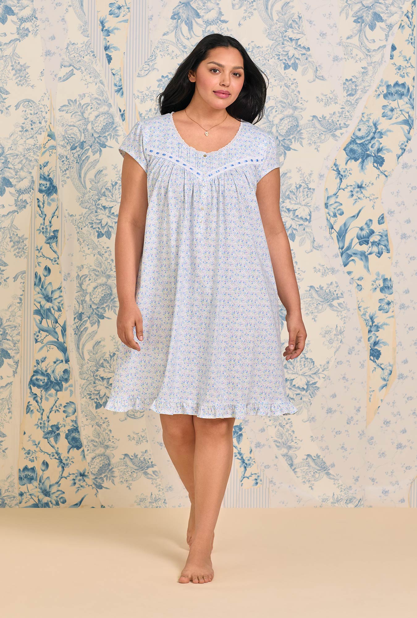 Eileen West Blue Ditsy Cotton Knit Cap Sleeve Chemise
