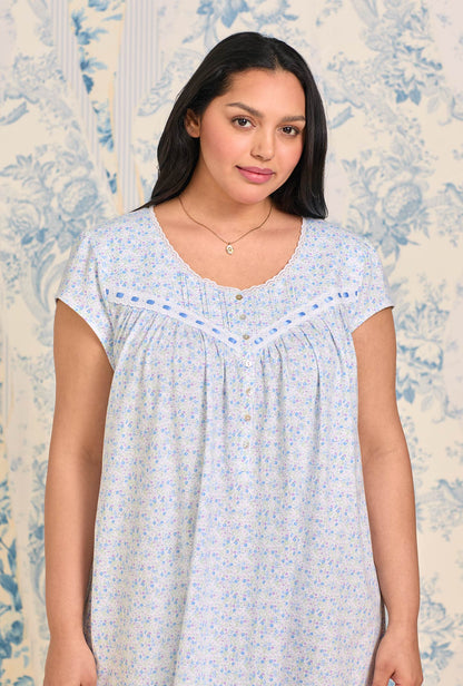 Eileen West Blue Ditsy Cotton Knit Cap Sleeve Chemise