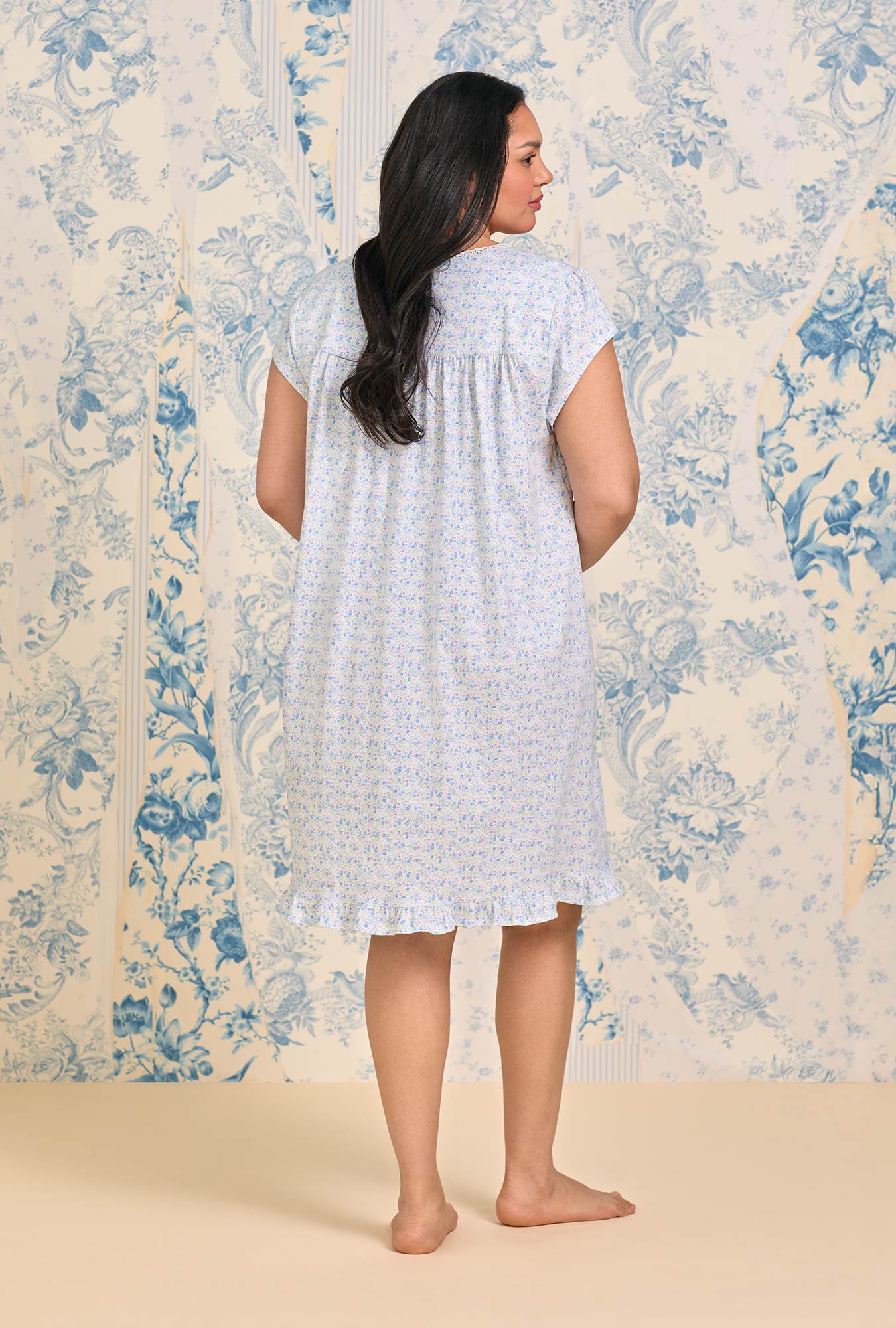Eileen West Blue Ditsy Cotton Knit Cap Sleeve Chemise