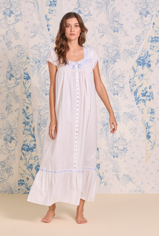 Eileen West Iconic White Lavender Embroidered Cotton Lawn Button Front Robe