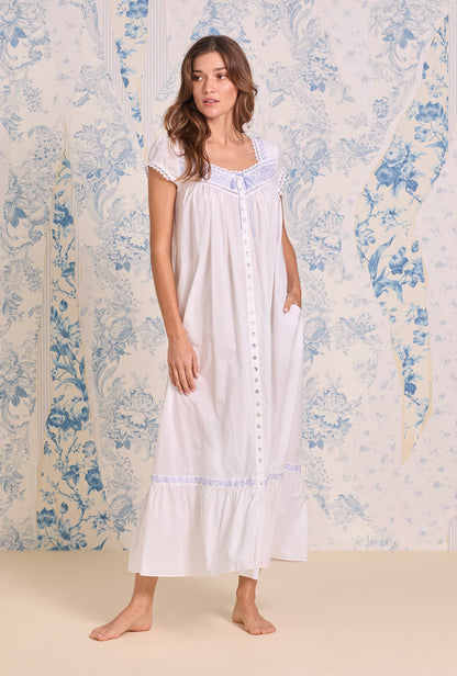 Eileen West Iconic White Lavender Embroidered Cotton Lawn Button Front Robe