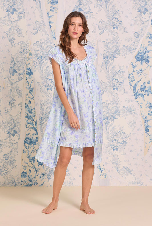 Eileen West Aqua Bloom Cotton Lawn Short Button Front Robe