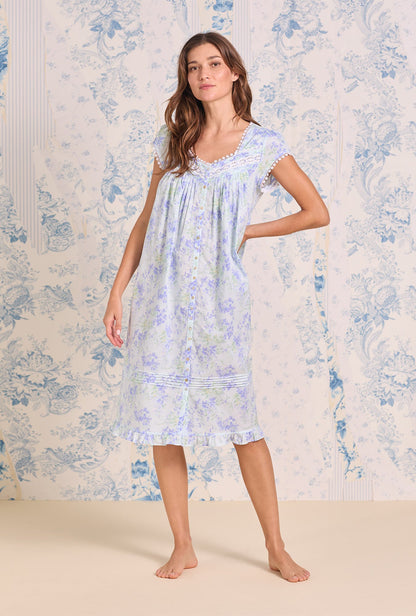 Eileen West Aqua Bloom Cotton Lawn Short Button Front Robe