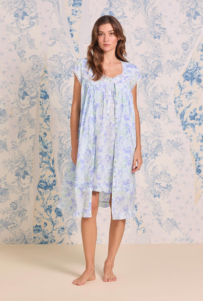 Eileen West Aqua Bloom Cotton Lawn Short Button Front Robe