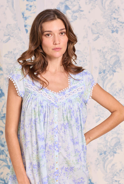Eileen West Aqua Bloom Cotton Lawn Short Button Front Robe