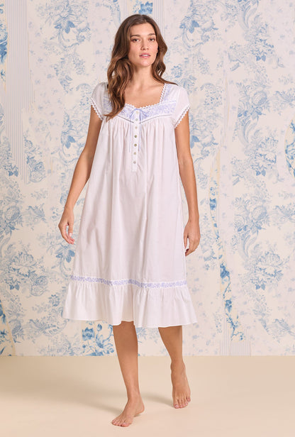 Eileen West Iconic White Lavender Embroidered Cotton Lawn Cap Sleeve Waltz Nightgo