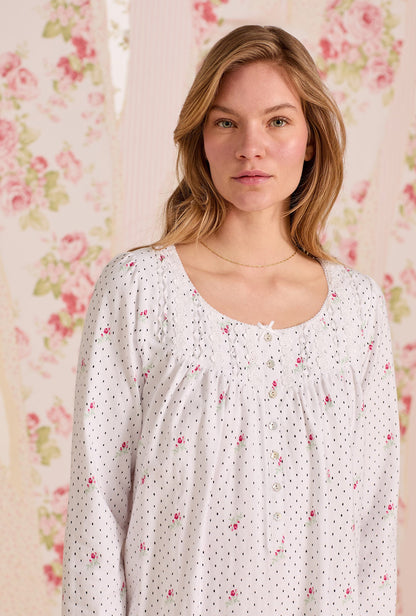 Eileen West Rosebud Dot Cotton Knit Long Sleeve Short Nightgown