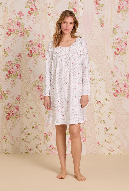 Eileen West Rosebud Dot Cotton Knit Long Sleeve Short Nightgown