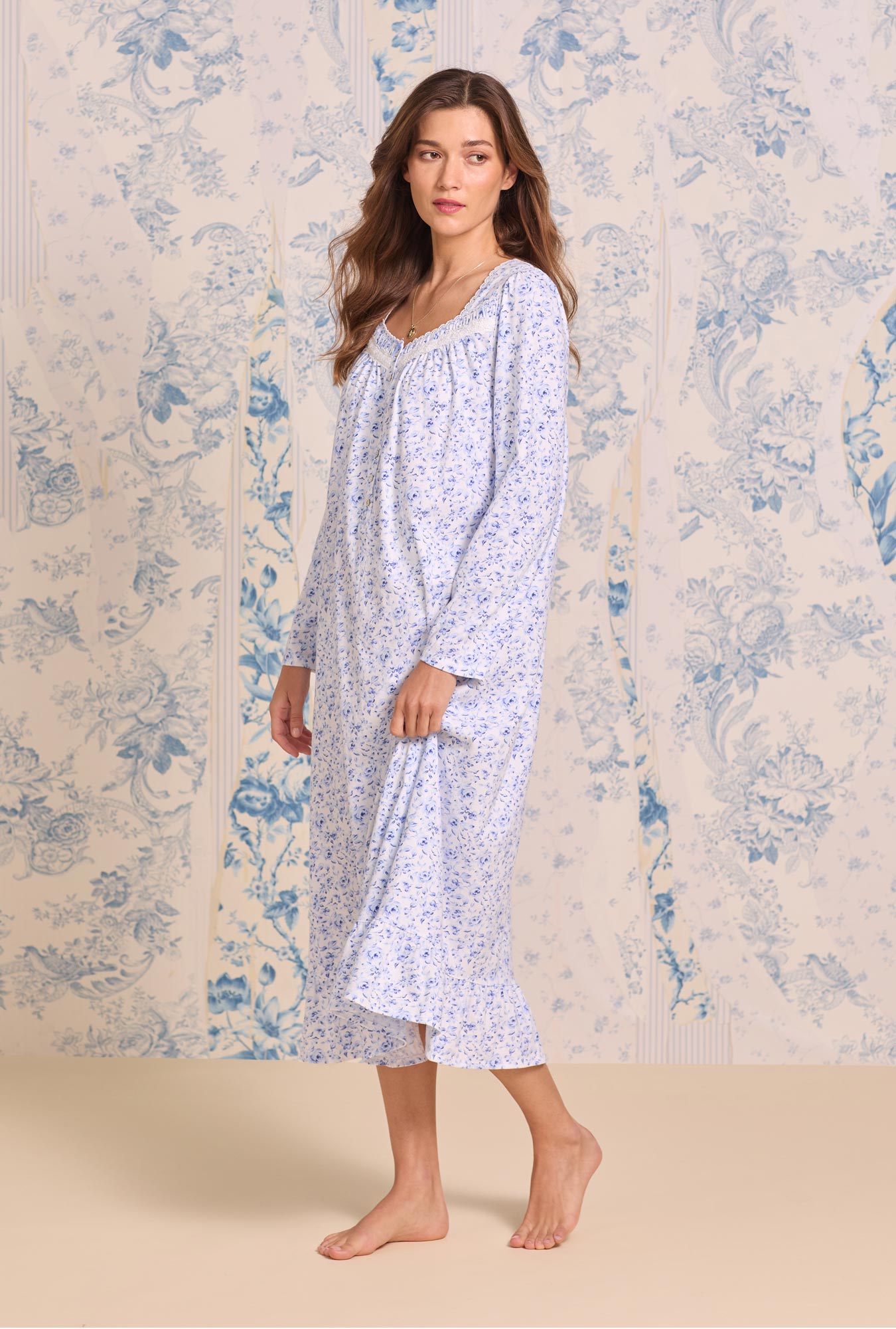 Eileen West Provencal Rose Cotton Knit Long Sleeve Ballet Nightgown
