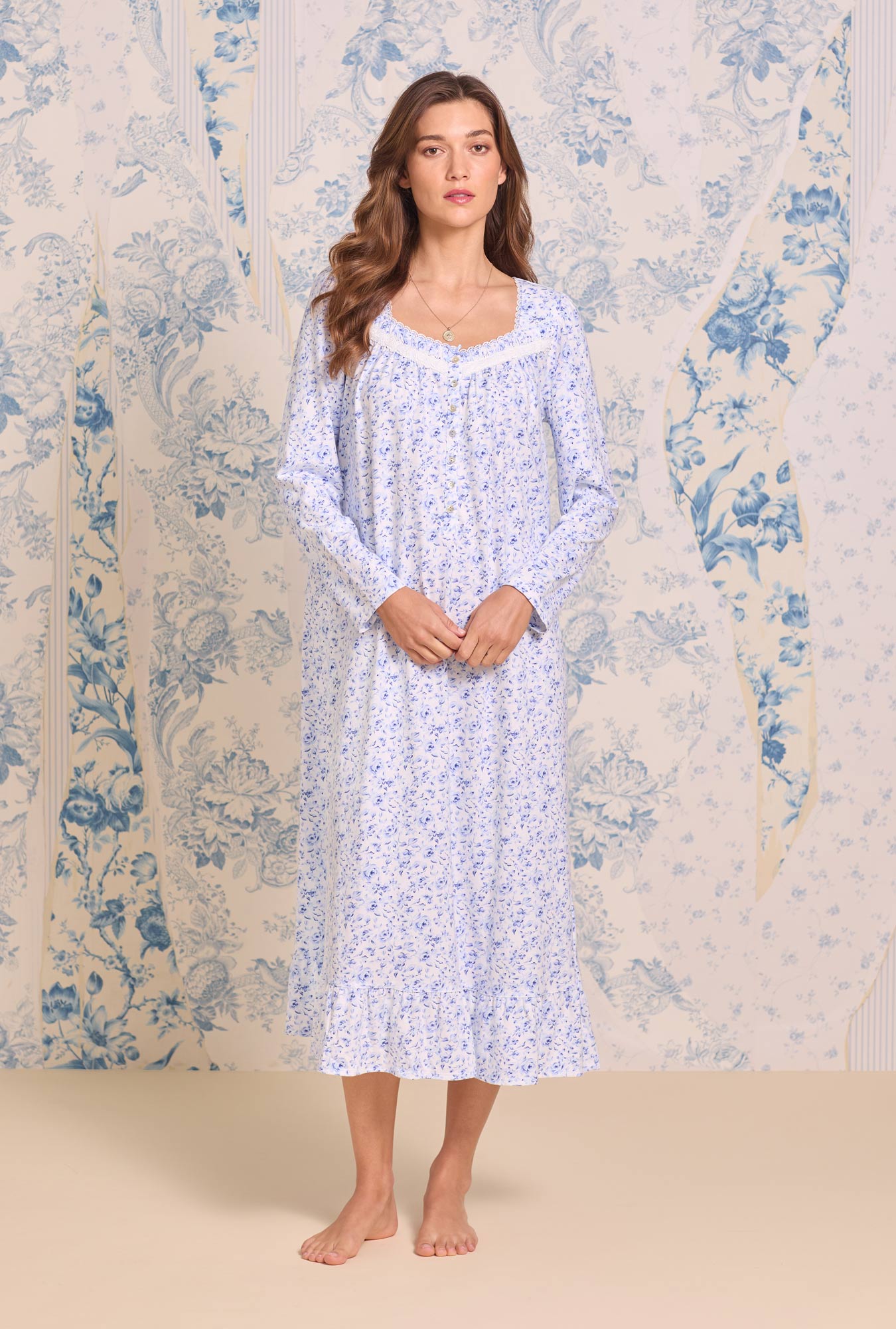 Eileen West Provencal Rose Cotton Knit Long Sleeve Ballet Nightgown