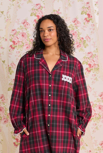 Eileen West Victorian Holiday Plaid Cotton Flannel Long Sleeve Nightshirt