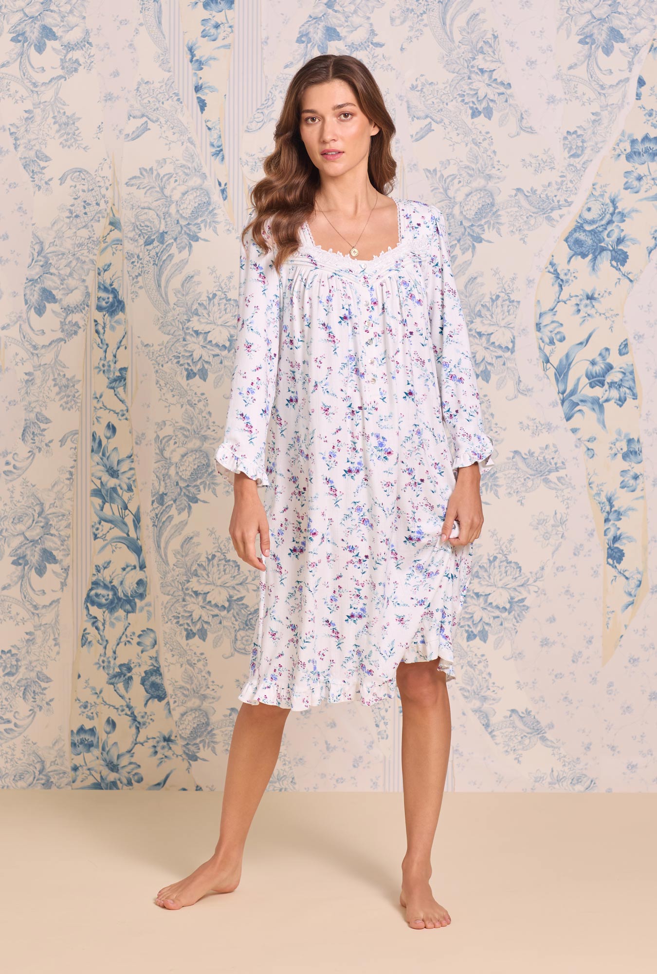 Eileen West Cottage Flora Cotton Pointelle Knit Long Sleeve Waltz Nightgown