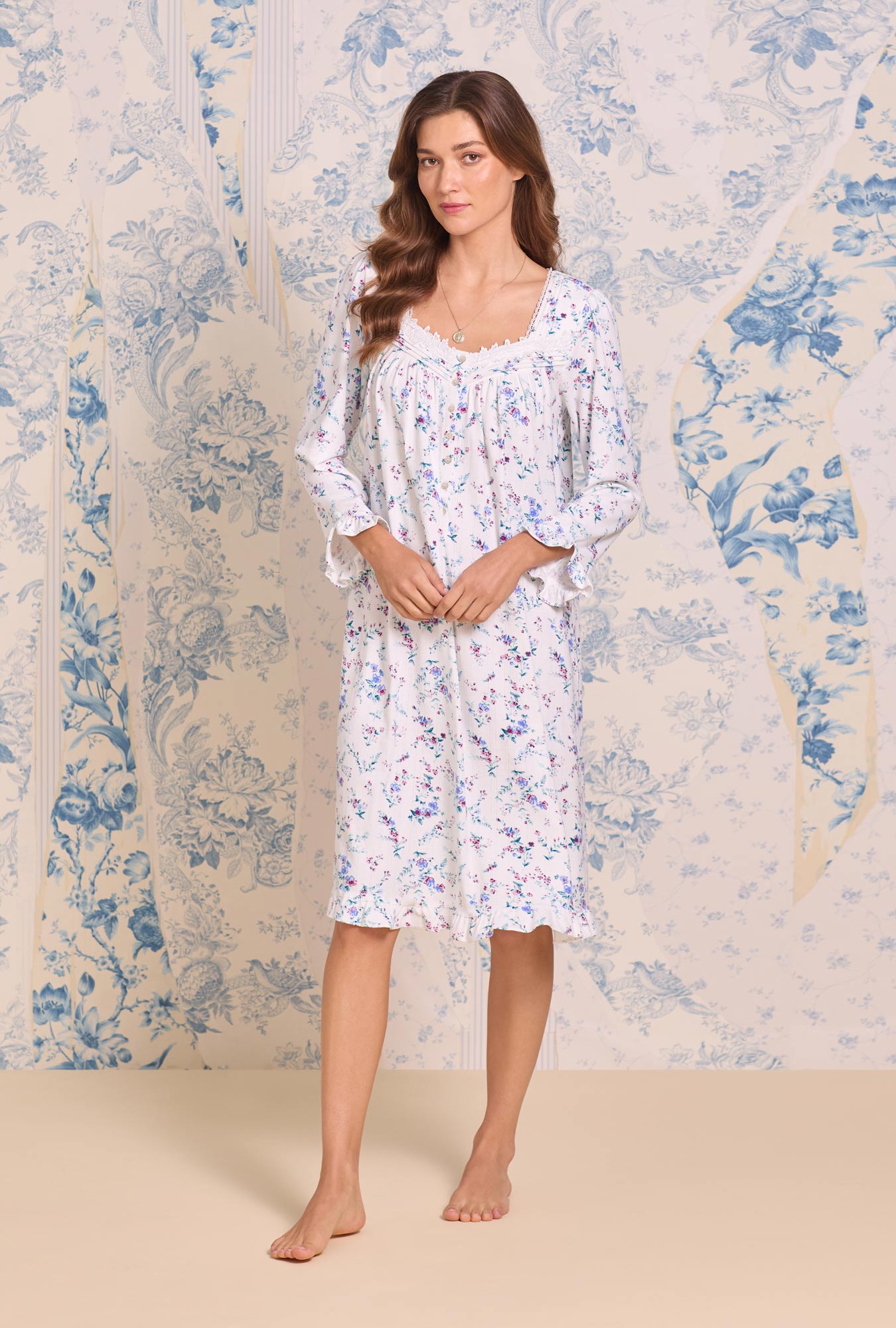 Eileen West Cottage Flora Cotton Pointelle Knit Long Sleeve Waltz Nightgown