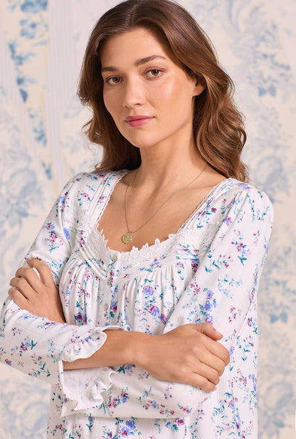 Eileen West Cottage Flora Cotton Pointelle Knit Long Sleeve Waltz Nightgown