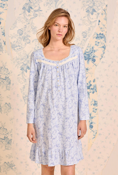 Eileen West Bluebell Scroll Cotton Knit Long Sleeve Chemise