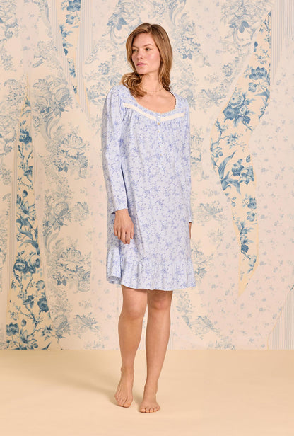 Eileen West Bluebell Scroll Cotton Knit Long Sleeve Chemise