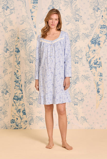 Eileen West Bluebell Scroll Cotton Knit Long Sleeve Chemise