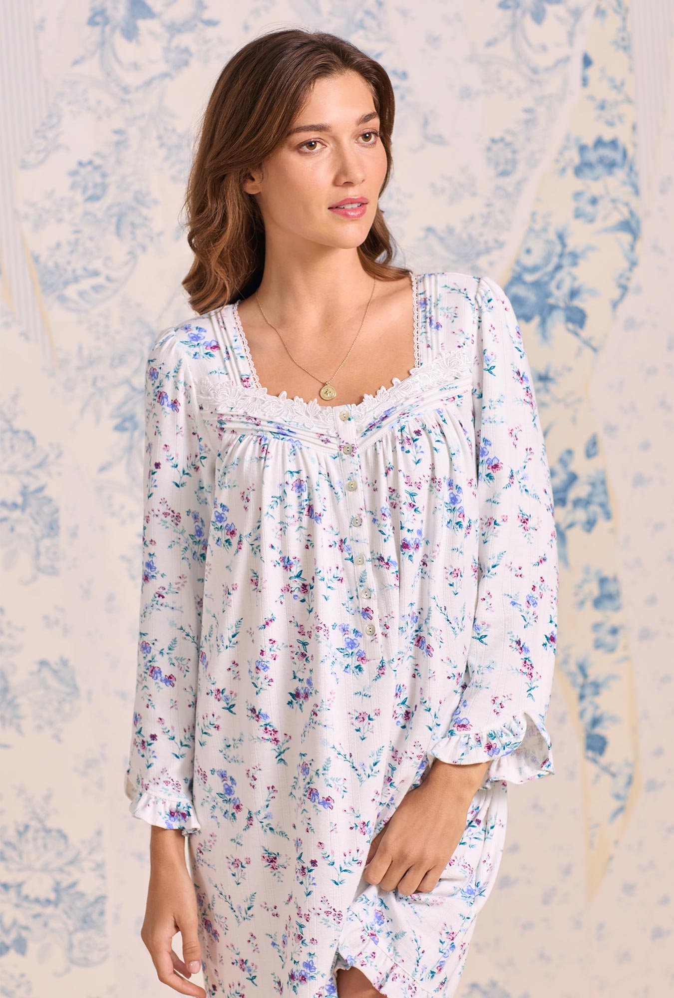 Eileen West Cottage Flora Cotton Pointelle Long Sleeve Chemise