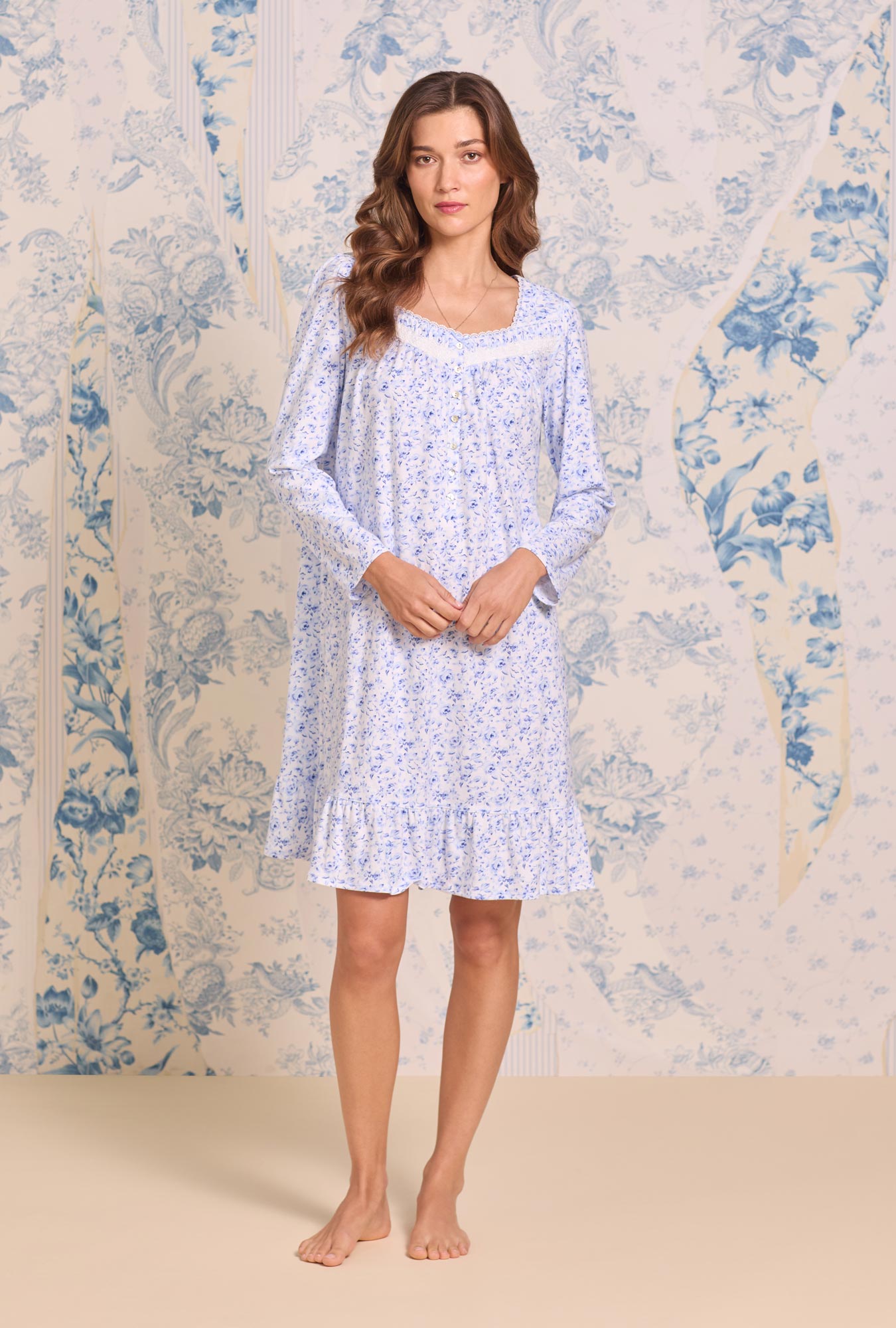 Eileen West Provencal Rose Cotton Knit Long Sleeve Chemise