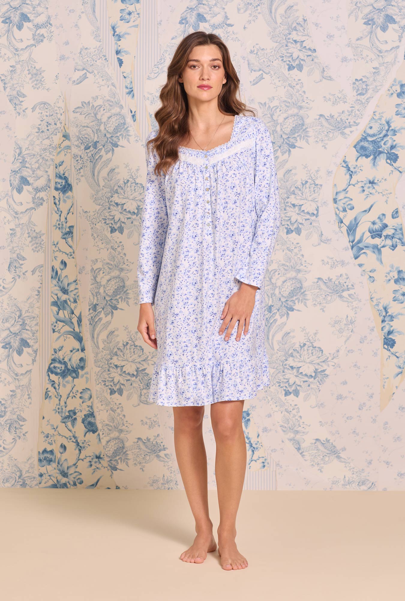 Eileen West Provencal Rose Cotton Knit Long Sleeve Chemise