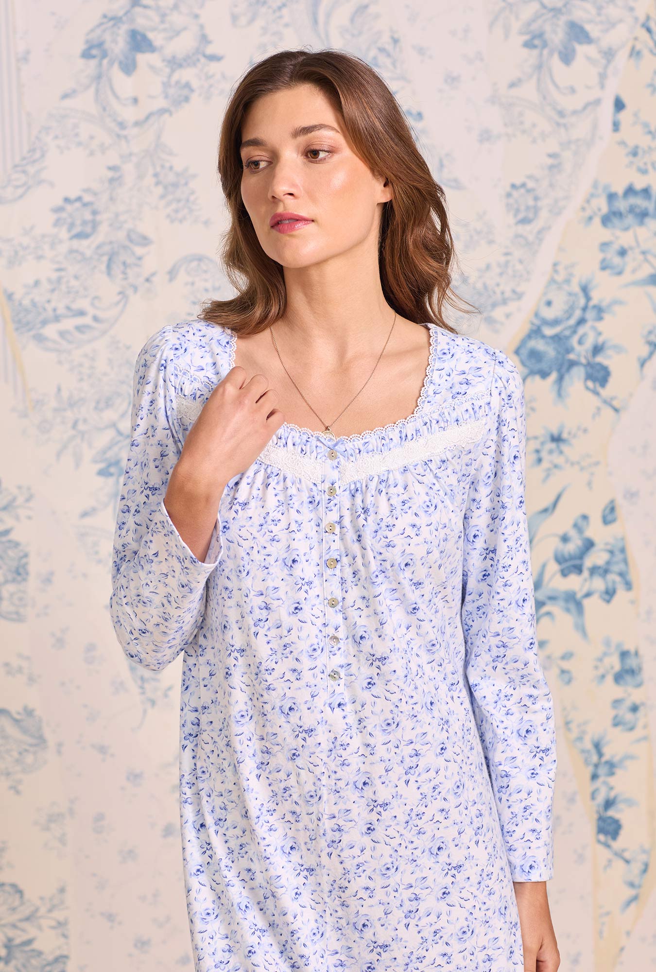 Eileen West Provencal Rose Cotton Knit Long Sleeve Chemise