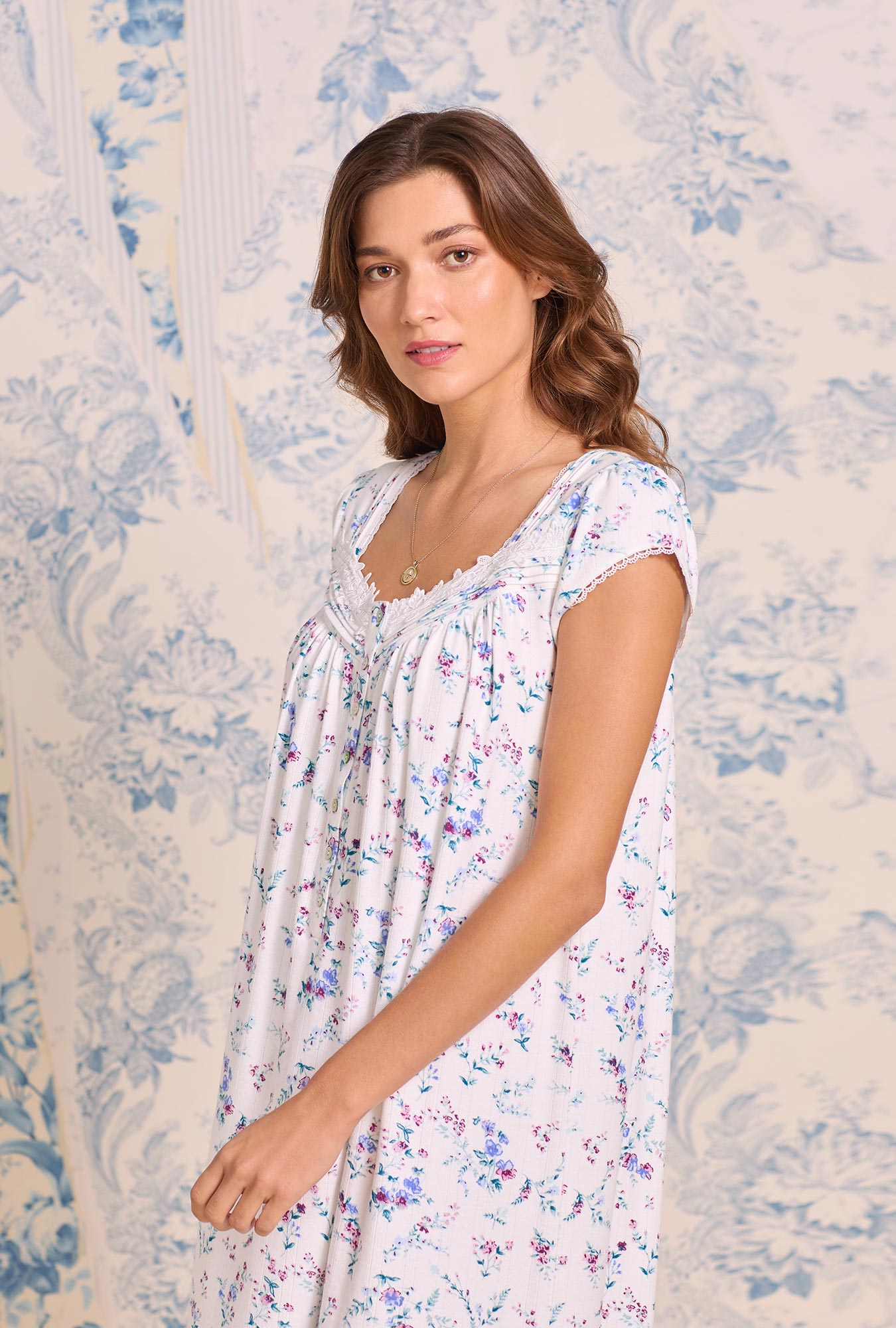 Eileen West Cottage Flora Cotton Pointelle Cap Sleeve Waltz Nightgown