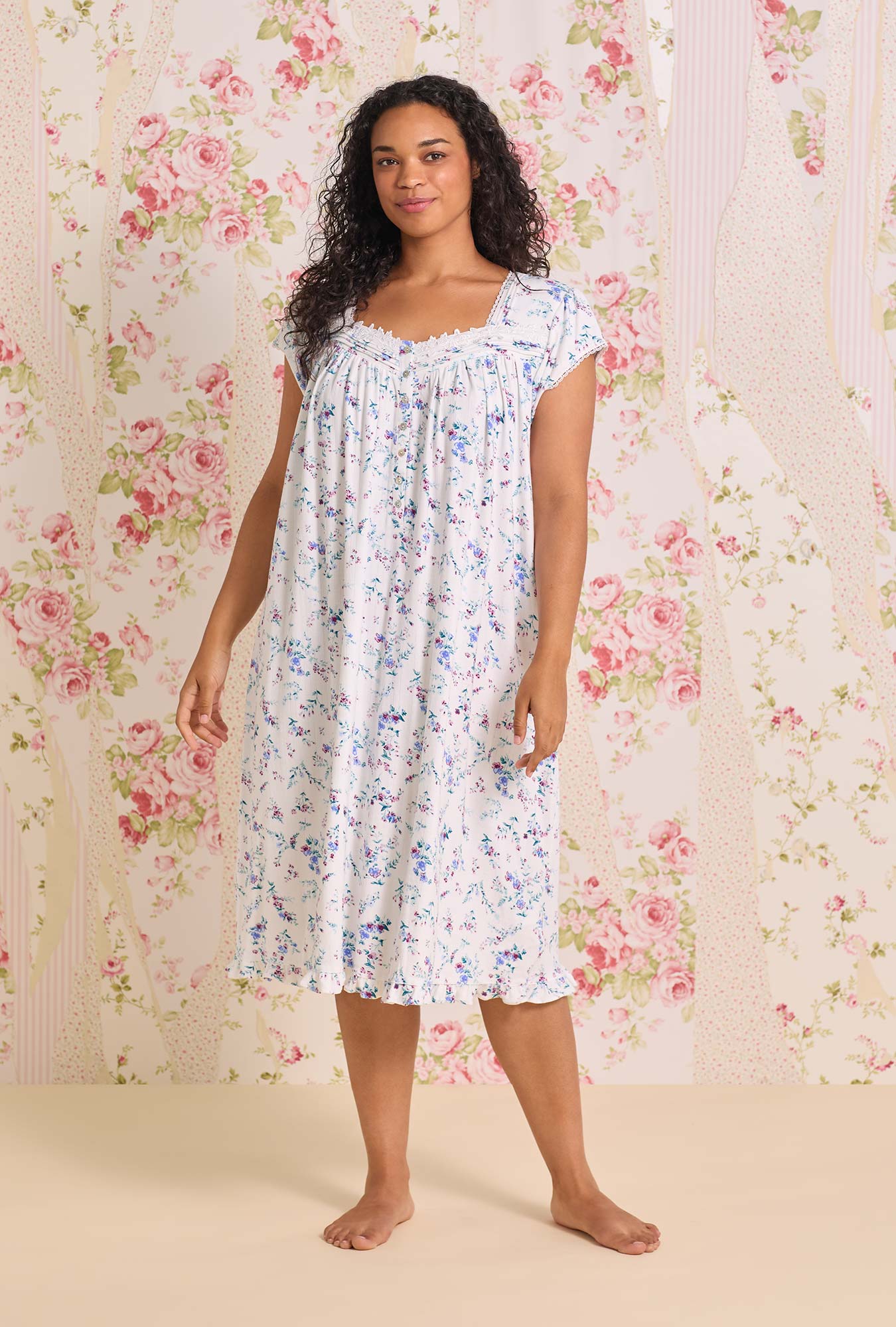 Eileen West Cottage Flora Cotton Pointelle Cap Sleeve Waltz Nightgown