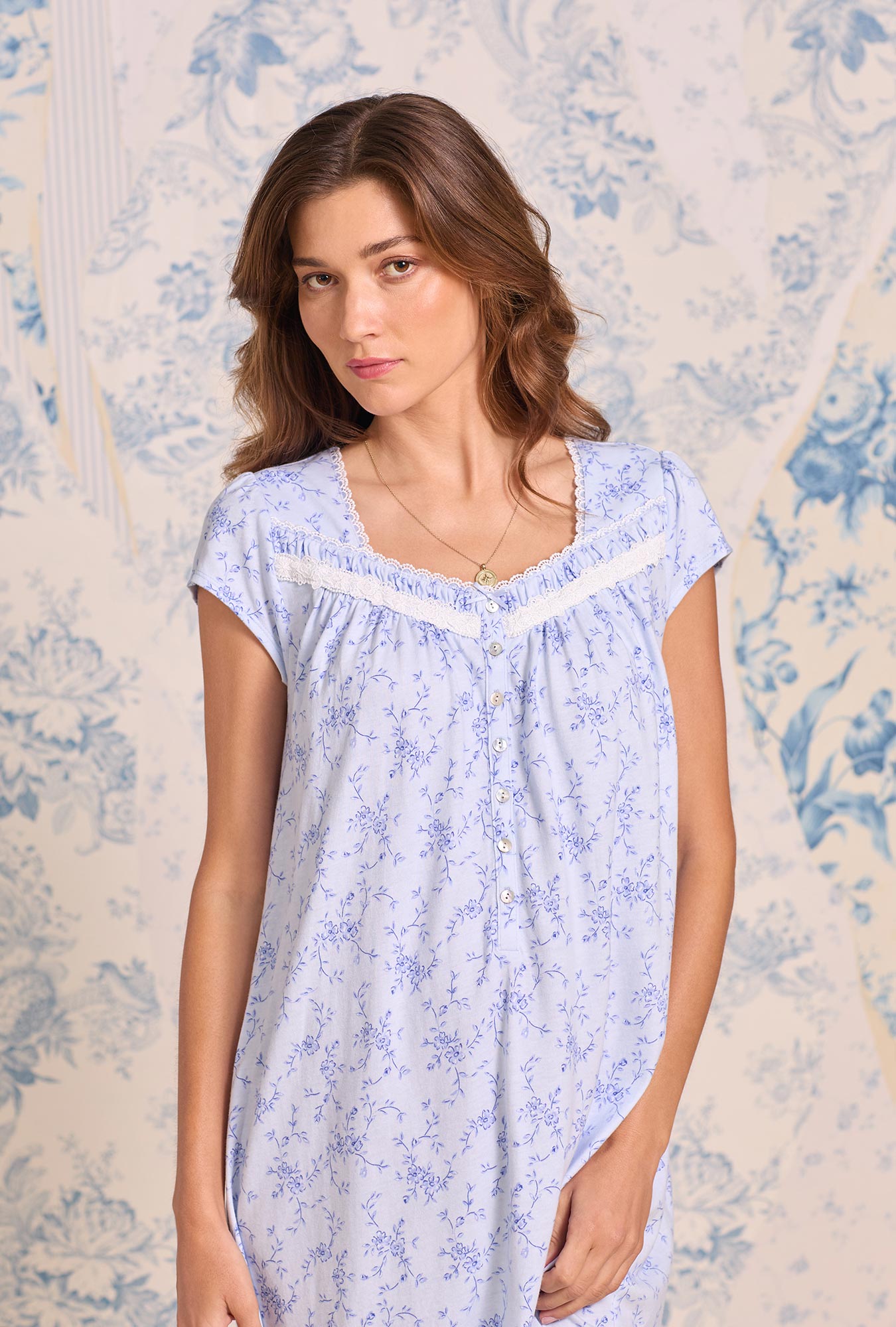 Eileen West Bluebell Scroll Cotton Knit Cap Sleeve Ballet Nightgown