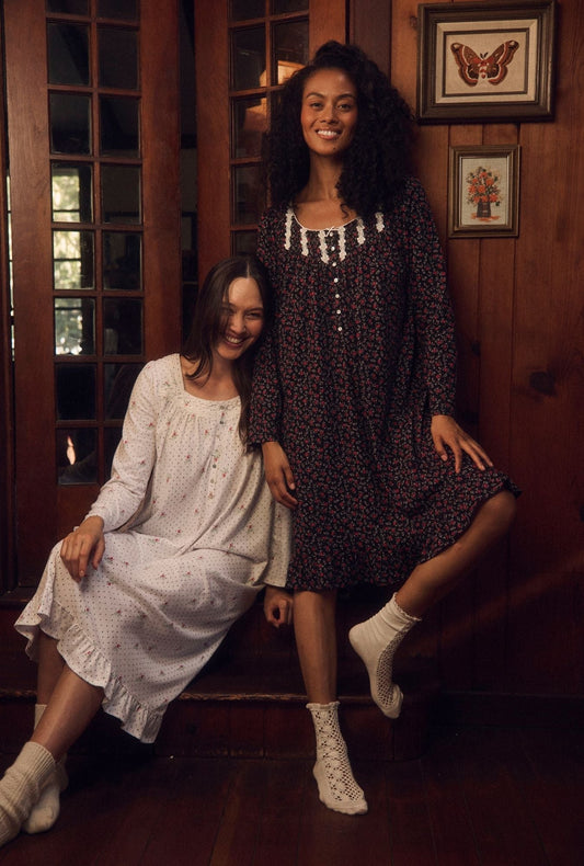 Eileen West Bordeaux Bloom Cotton Knit Long Sleeve Short Nightgown