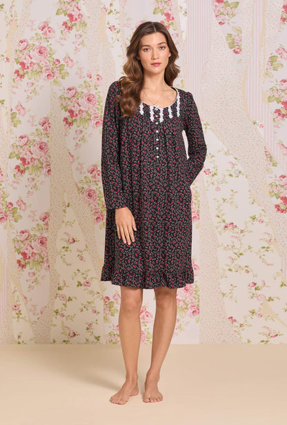 Eileen West Bordeaux Bloom Cotton Knit Long Sleeve Short Nightgown