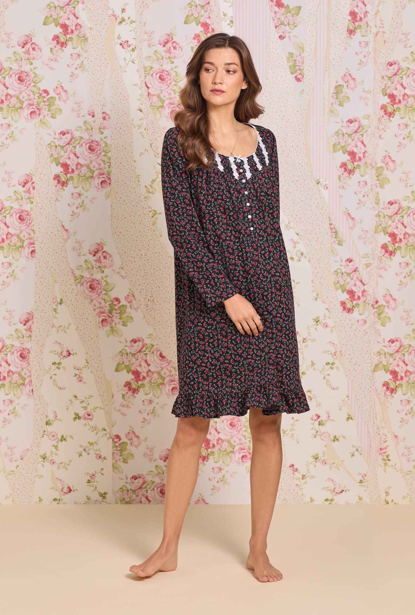 Eileen West Bordeaux Bloom Cotton Knit Long Sleeve Short Nightgown
