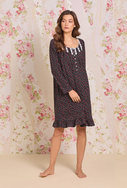 Eileen West Bordeaux Bloom Cotton Knit Long Sleeve Short Nightgown