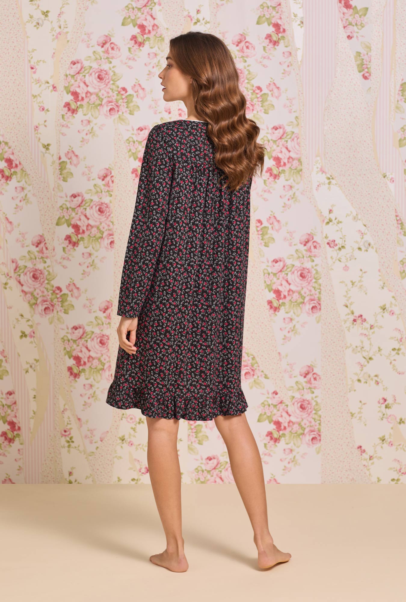 Eileen West Bordeaux Bloom Cotton Knit Long Sleeve Short Nightgown