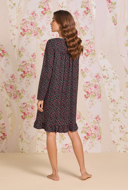 Eileen West Bordeaux Bloom Cotton Knit Long Sleeve Short Nightgown