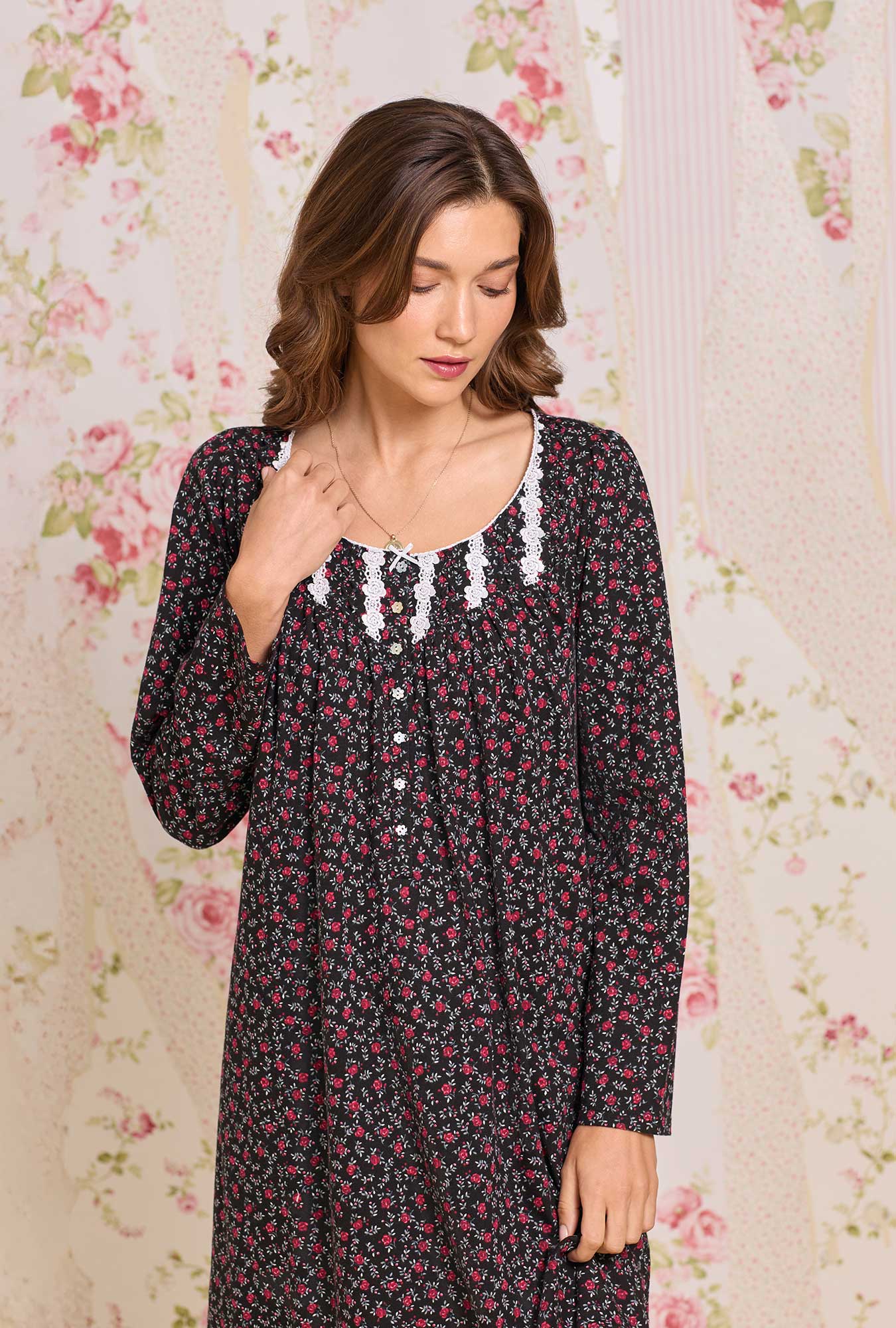 Eileen West Bordeaux Bloom Cotton Knit Long Sleeve Short Nightgown