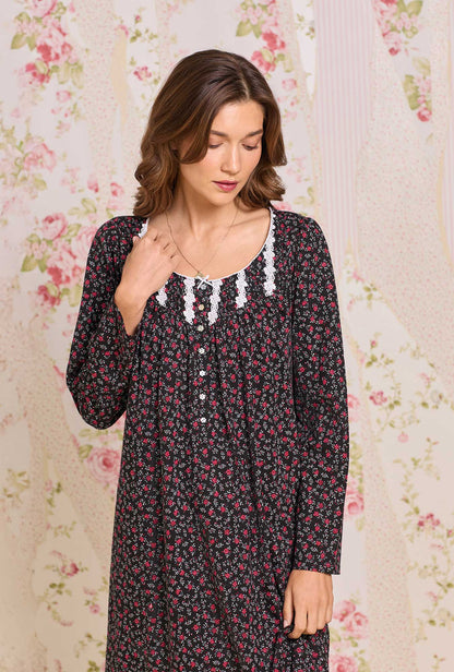 Eileen West Bordeaux Bloom Cotton Knit Long Sleeve Short Nightgown